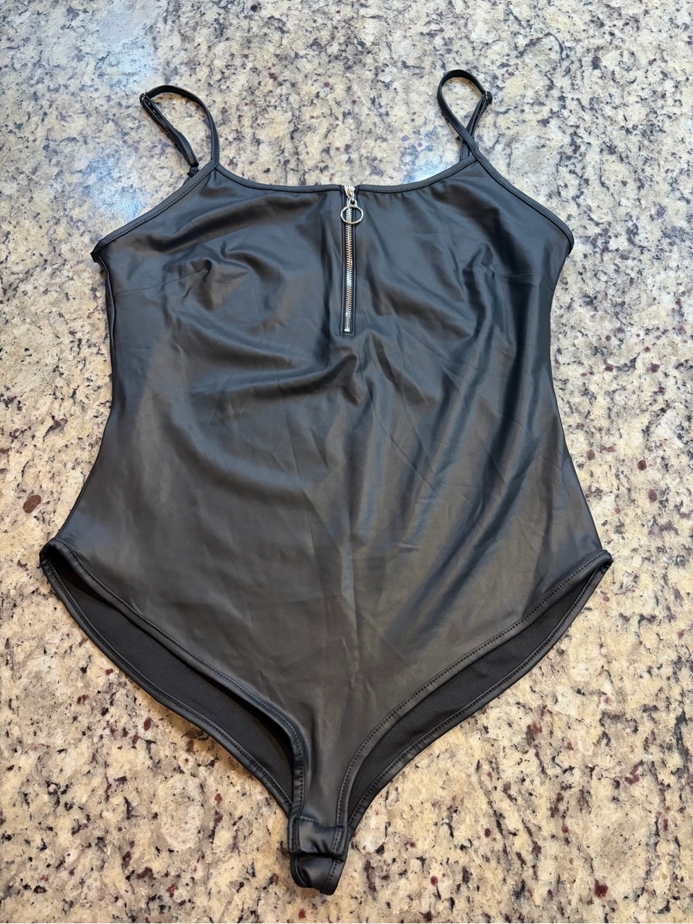 iris Black Faux Leather Zip-Front Bodysuit
